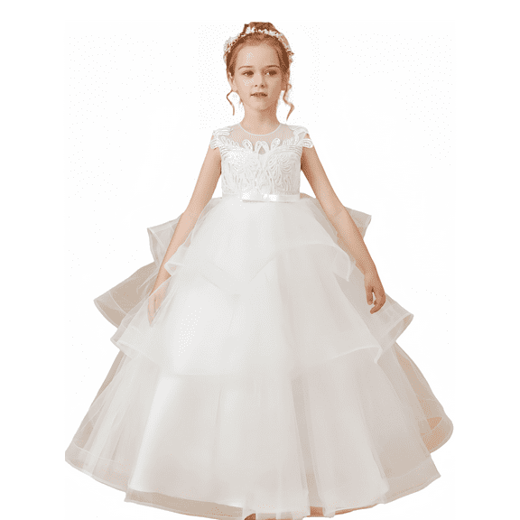Flower Girl Dress Princess Ruffles Pageant Dresses Tulle Lace Tiered Kids Party Prom Ball Gown (Ivory 8 -9Years）