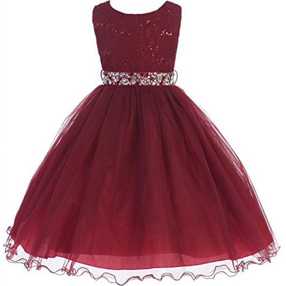 Flower Girl Dress Sequin Lace Tea Length Rhinestone Belt for Big Girl Burgundy 12 JK.3670