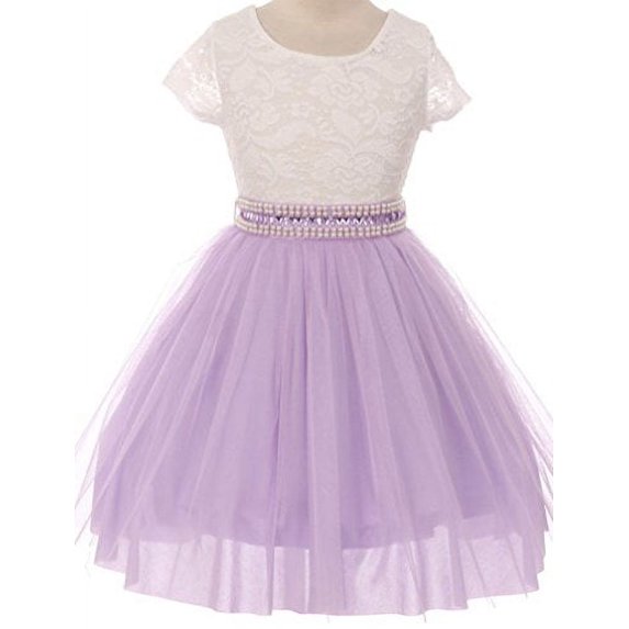 Flower Girl Dress Shiny Mesh Skirt with Pearl & Rhinestone for Big Girl Lilac 10 JKS.2045