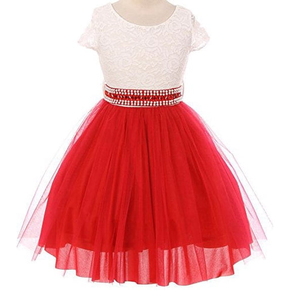 Flower Girl Dress Shiny Mesh Skirt with Pearl & Rhinestone for Big Girl Red 14 JKS.2045