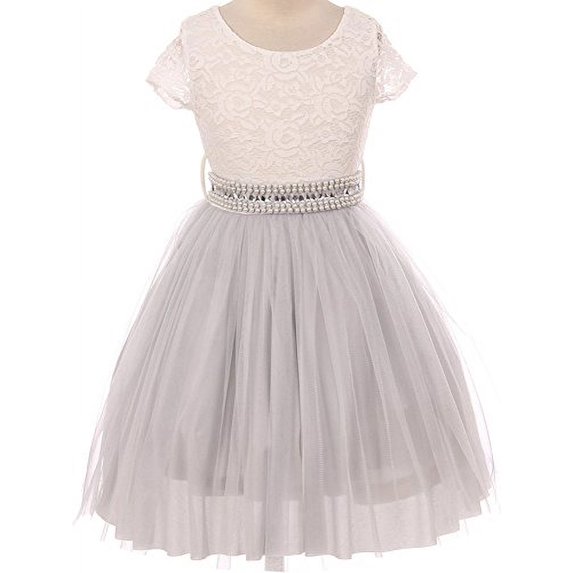 Flower Girl Dress Shiny Mesh Skirt with Pearl & Rhinestone for Big Girl Silver 12 JKS.2045