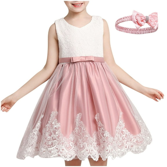 Flower Girl Dress Size 7 Girls Sleeveless Floral Lace Tulle Dress with Headband 3-9 Years Old Bowknot Princess Gown, Pink, 8 Years