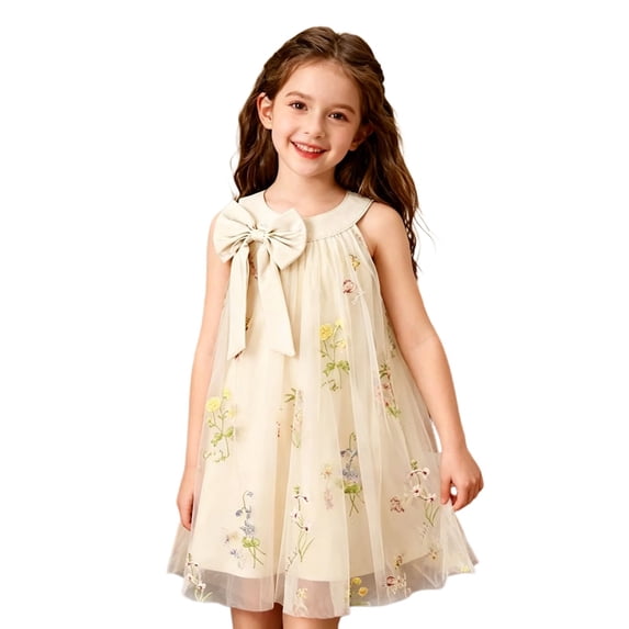 Flower Girl Dress Sleeveless Halter Neck Princess Tulle Dress Kids Summer Dresses Collar Bow Floral Embroidery Sundress for Wedding Party Birthday Casual Outfit(Beige,5-6 Years)