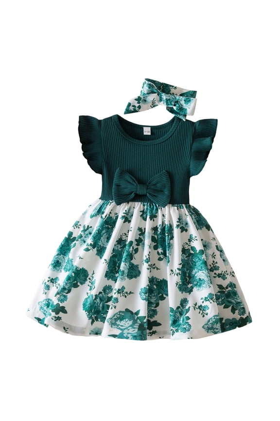 Flower Girl Dress Toddler Girls Bowknot Dresses Fly Sleeve Flowers Prints Headband Suit Flower Girl Dresses Green 2 Years-3 Years