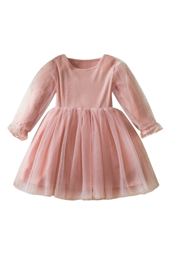 Flower Girl Dress - Toddler Girls Long Sleeve Point Prints Dresses - Playtime Dress Clothes, Casual Everyday Wear - Toddler Girl Dress,Color:Pink,Size:4-5 Years