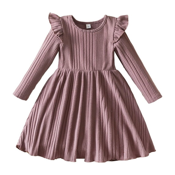 Flower Girl Dress - Toddler Girls Long Sleeve Ribbed Pattern Knitting Dresses - Leisure Dress Clothes, Comfortable Daily Outfit - Toddler Girl Dress,Color:Pink,Size:2-3 Years