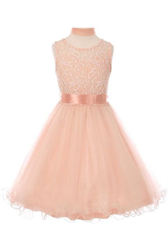 Flower Girl Dress Tulle Wired Dress with Scarf & Satin Ribbon for Little Girl Blush 4 CC.5002