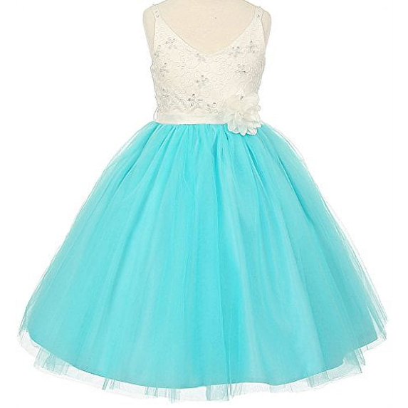 Flower Girl Dress Two Tone Knee Length V-Neck Lace Top for Big Girl Aqua 10 TR.1033