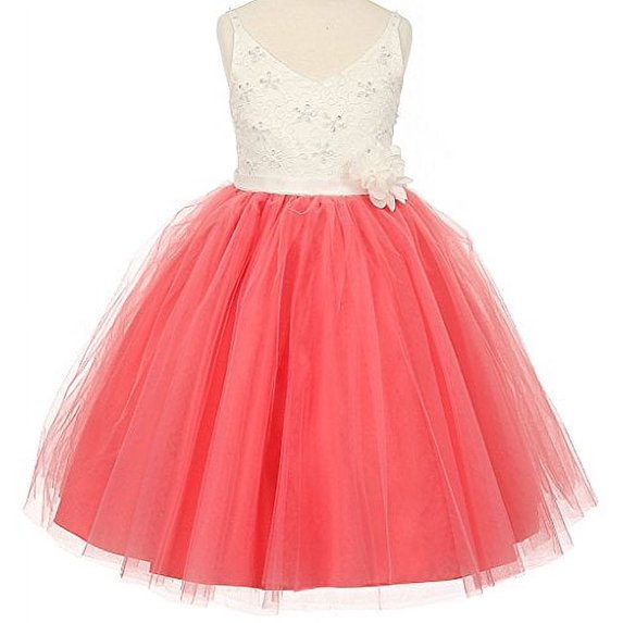 Flower Girl Dress Two Tone Knee Length V-Neck Lace Top for Little Girl Coral 2 TR.1033