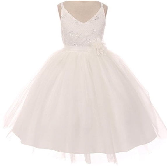 Flower Girl Dress Two Tone Knee Length V-Neck Lace Top for Little Girl Ivory 8 TR.1033