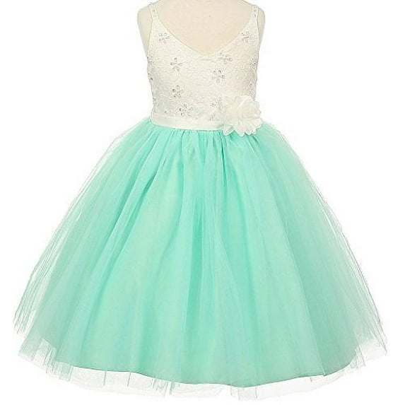 Flower Girl Dress Two Tone Knee Length V-Neck Lace Top for Little Girl Mint 8 TR.1033