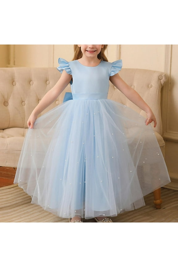 Flower Girl Dress V-Back Sleeveless Pearl Tulle Pageant Maxi Gown First Communion