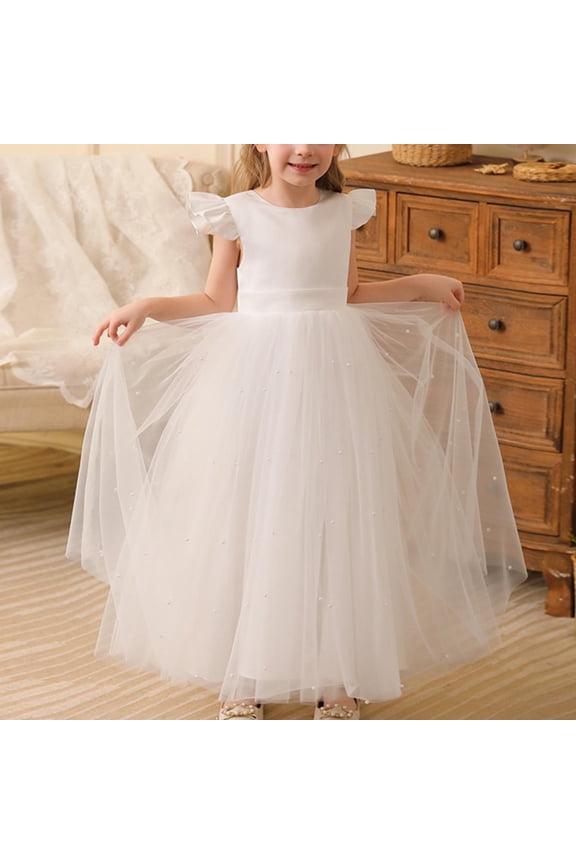 Flower Girl Dress V-Back Sleeveless Pearl Tulle Pageant Maxi Gown First Communion