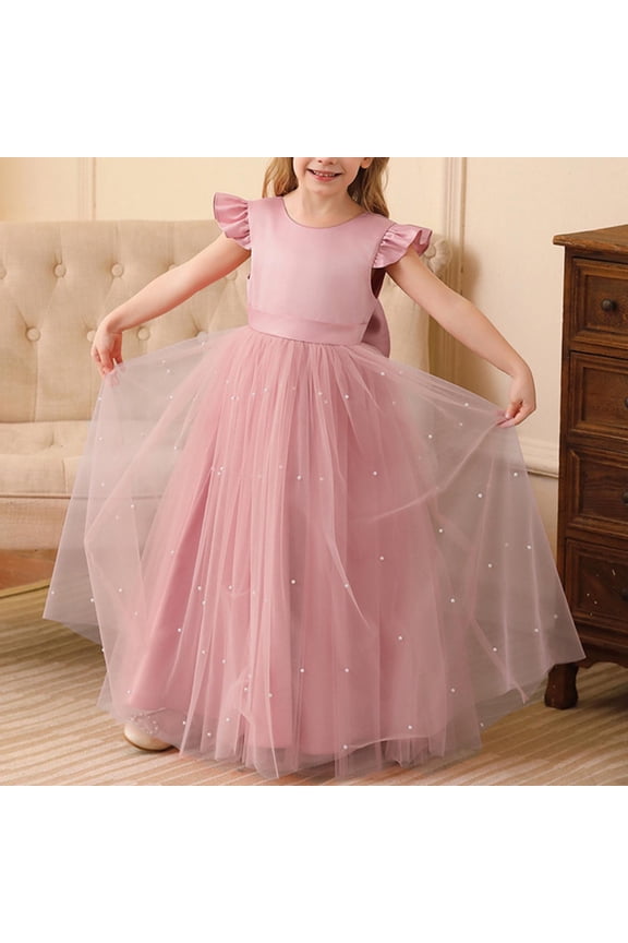 Flower Girl Dress V-Back Sleeveless Pearl Tulle Pageant Maxi Gown First Communion