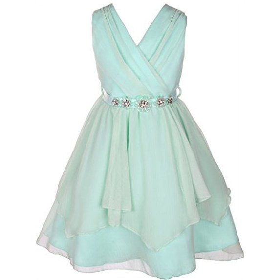 Flower Girl Dress V-Neck Chiffon Triple Layer Stone Belt for Big Girl Mint 14 JKS.2068