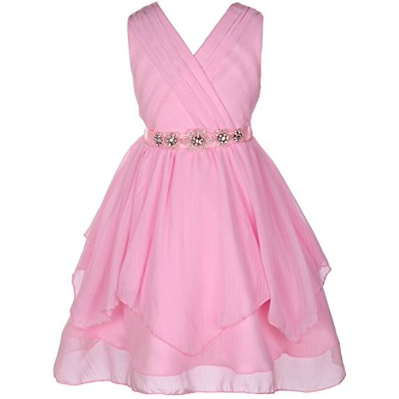 Flower Girl Dress V-Neck Chiffon Triple Layer Stone Belt for Big Girl Pink 12 JKS.2068