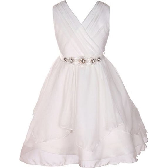 Flower Girl Dress V-Neck Chiffon Triple Layer Stone Belt for Little Girl Off White 8 JKS.2068