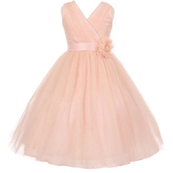 Flower Girl Dress V-Neck Silk Shantung Illusion Skirt for Big Girl Blush 10 MBK.347