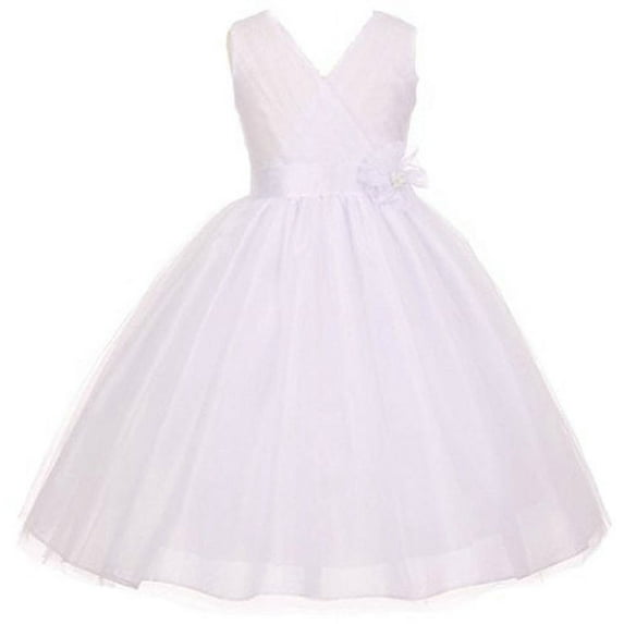 Flower Girl Dress V-Neck Silk Shantung Illusion Skirt for Big Girl White 12 MBK.347