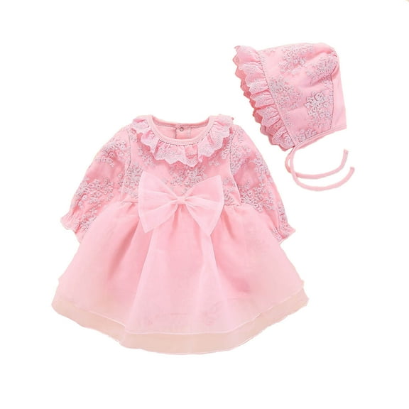 Flower Girl Dress For Wedding A Line Formal Dress Born Infant Solid Autumn Print Long Sleeve Hat Romper Princess Pageant Birthday Party Ball Gown Dresses For Baby Girl Pink Size 3-6 Months