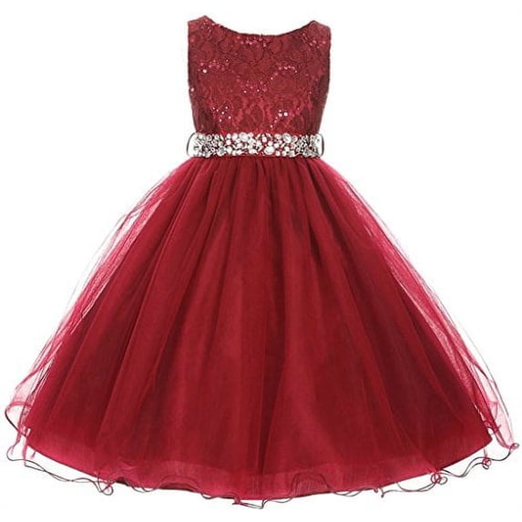 Flower Girl Dress Wedding Pageant Rhinestone Sequins Glitter for Big Girl Burgundy 8 MBK 340