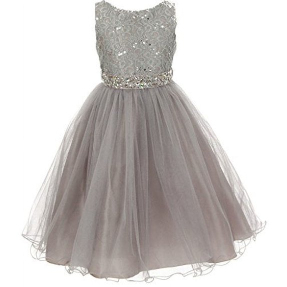 Flower Girl Dress Wedding Pageant Rhinestone Sequins Glitter for Big Girl Silver 8 MBK 340
