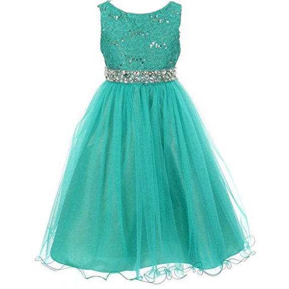 Flower Girl Dress Wedding Pageant Rhinestone Sequins Glitter for Little Girl Jade 4 MBK 340