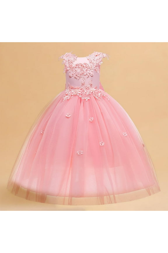 Flower Girl Dress for Wedding Pearls Tulle Dress Kids Princess Communion Pageant Ankle Length Dresses with Bow-Knot