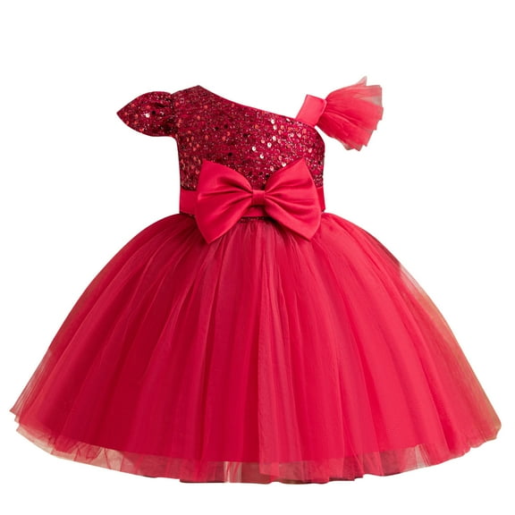 Flower Girl Dress for Weddings Size 3t Short Sleeve Sequin Tulle Dress 1-5 Years Old Princess Performance Gown, Red, 1 Years