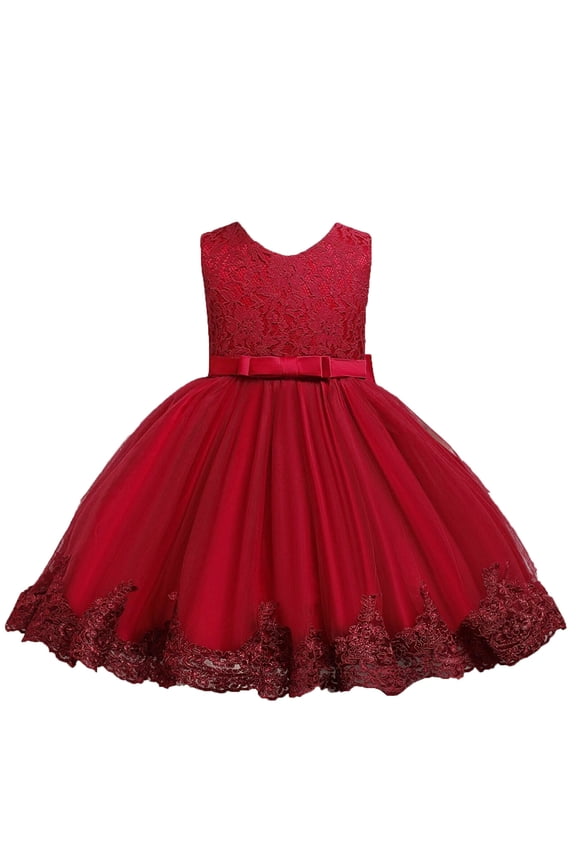 Flower Girl Dress for Weddings Size 3t Sleeveless Lace Tulle Dress 1-5 Years Old Princess Performance Gown, Red, 2 Years