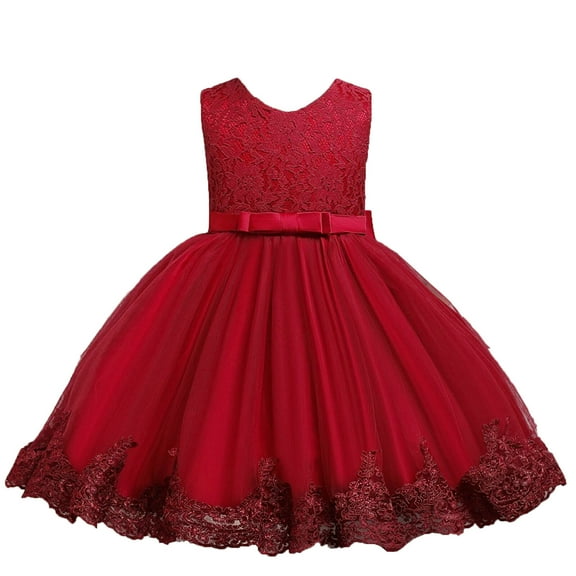 Flower Girl Dress for Weddings Size 3t Sleeveless Lace Tulle Dress 1-5 Years Old Princess Performance Gown, Red, 4 Years