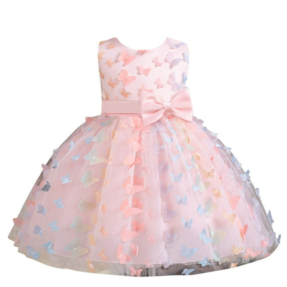 Flower Girl Dress for Weddings Size 7 Sleeveless 3D Butterfly Tulle Dress 3-7 Years Old Princess Performance Gown, Pink, 6 Years