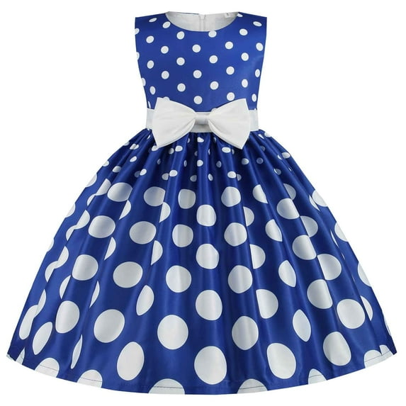 Flower Girl Dresses Bowknot Dot Printed Pageant Gown Birthday Party Princess Wedding Toddler Girls ,Size 7 Years-8 Years
