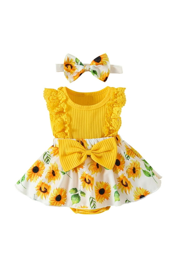 Flower Girl Dresses Infant Sleeveless Flower Print Romper Bodysuit Newborn With Headbands Dress 0 Months-3 Months