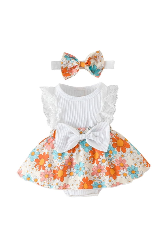 Flower Girl Dresses Infant Sleeveless Flower Print Romper Bodysuit Newborn With Headbands Dress 9 Months-12 Months