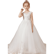 Flower Girl Dresses for Wedding Floor Length First Communion Dress Applique Girls Pageant Ball Gown Ivory 14 -15Years
