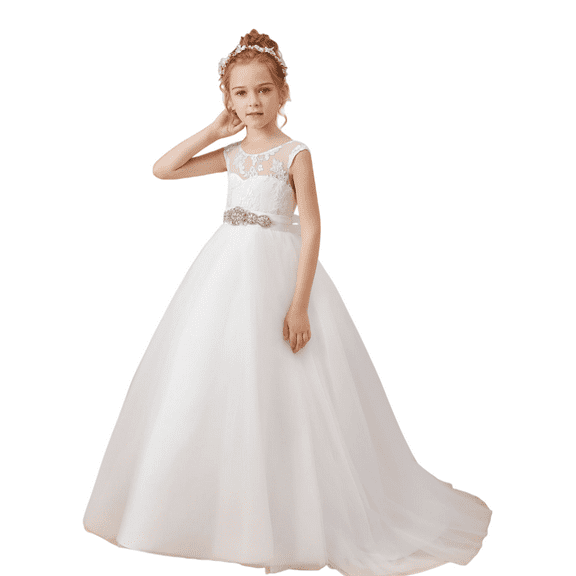 Flower Girl Dresses for Wedding Floor Length First Communion Dress Applique Girls Pageant Ball Gown (Ivory 2 -3Years)