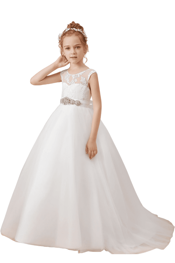 Flower Girl Dresses for Wedding Floor Length First Communion Dress Applique Girls Pageant Ball Gown (Ivory 2 -3Years)