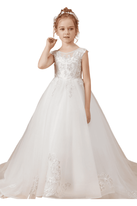 Flower Girl Dresses for Wedding Floor Length First Communion Dress Applique Girls Pageant Ball Gown Ivory 2 -3Years