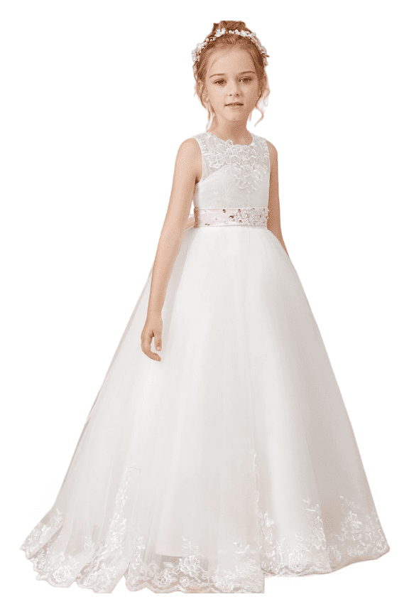 Flower Girl Dresses for Wedding Floor Length First Communion Dress Lace Girls Pageant Ball Gown Ivory 12 -13 Years