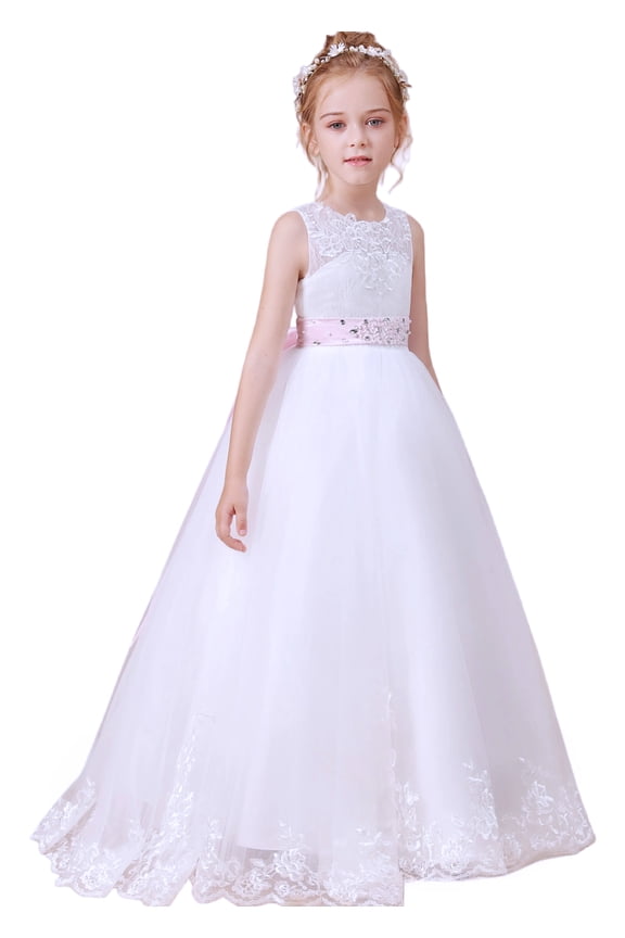 Flower Girl Dresses for Wedding Floor Length First Communion Dress Lace Girls Pageant Ball Gown White 14 -15YearsWhite