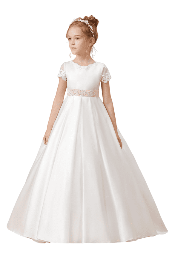 Flower Girl Dresses for Wedding Satin First Communion Dress Lace Girls Pageant Ball Gown (Ivory 8 -9Years）