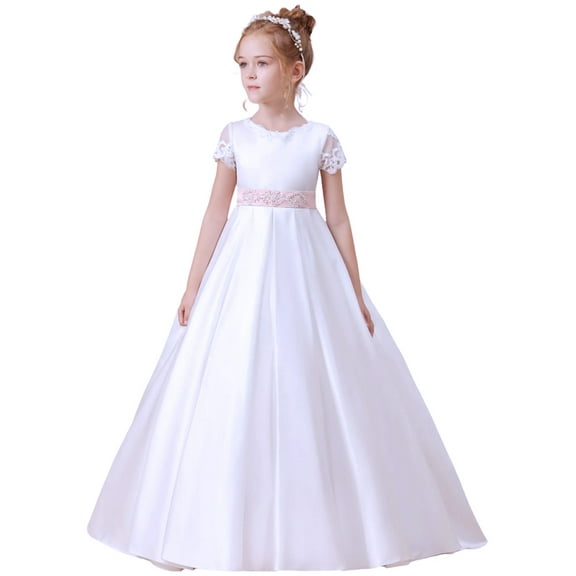 Flower Girl Dresses for Wedding Satin First Communion Dress Lace Girls Pageant Ball Gown White 10 -11Years