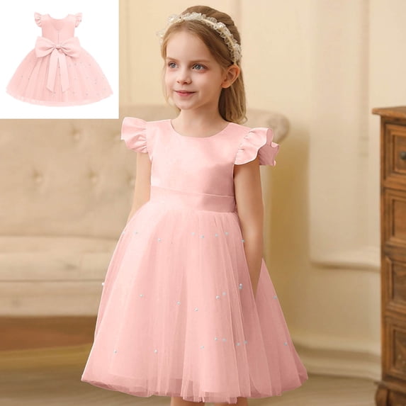 Flower Girl Dresses for Wedding Sleeveless Princess Pink V-Back with Big Bow Summer Dress Girls Dresses Size 5-6 Years