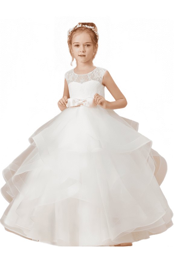 Flower Girl Dresses for Wedding Tulle First Communion Dress Lace Appliques Girls Pageant Ball Gown (Ivory 14 -15Years)