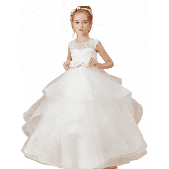 Flower Girl Dresses for Wedding Tulle First Communion Dress Lace Appliques Girls Pageant Ball Gown (Ivory 2 -3Years）