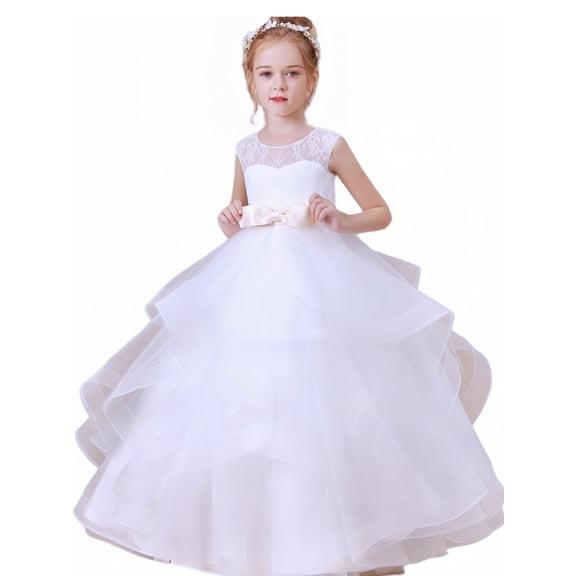 Flower Girl Dresses for Wedding Tulle First Communion Dress Lace Appliques Girls Pageant Ball Gown (White 6 -7 Years）