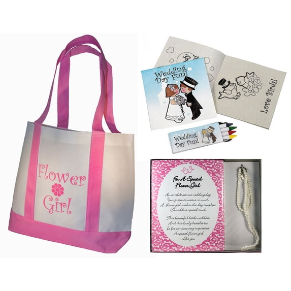 Flower Girl Gifts Set: Tote Bag, Necklace and Bracelet Set, Wedding Day Activity kits