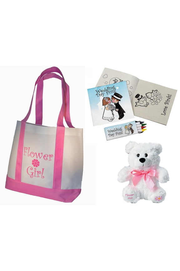 Flower Girl Gifts Set: Tote Bag, Teddy Bear, Wedding Day Activity kits