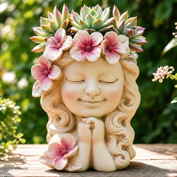 Flower Girl Head Planter Pot, Resin Face Planter for Indoor Outdoor Plants | Cute Succulent Pots, Decorative Plant Pots for Desk Patio Balcony Home Decor & Unique Gift